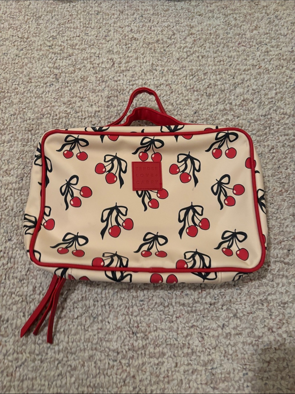 Cherry-Print Cream and Red Cosmetic Bag